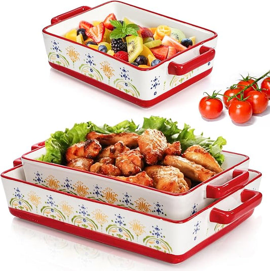 WRINGKIT Set of 3 Ceramic Baking Dishes, Rectangular Casserole Dish for Oven, Ceramic Bakeware Lasagna Pan Deep with Handles for Cooking, Baking, Wedding Gift, 3 Sizes (12''/10.7''/7.7''), Red by WRINGKIT