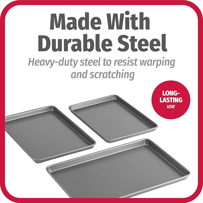 GoodCook Everyday Nonstick Baking Sheet Set, 3 Pack Includes Small (13×9) Medium (15×1) and Large (17×11) Pans Carbon Steel Construction Cookie Sheets Bakeware Set, Gray - Image 6