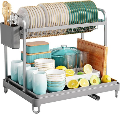 Sakugi 2-Tier Dish Drying Rack - Stainless Steel Dish Rack with Cutlery & Utensil Holders for Kitchen Counter, Sink Organization and Storage for Small Family, 16.7" W x 12.7" L x 15.8" H, Gray - Image 3