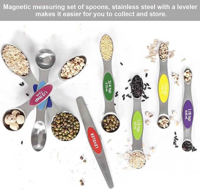 Magnetic Measuring Spoons Set Stainless Steel with Leveler, 9pcs Multicolors Measuring Cups Set for Baking, Measuring Cups and Spoon Set Kitchen Gadgets Apartment Essentials Fits in Spice Jars - Image 3