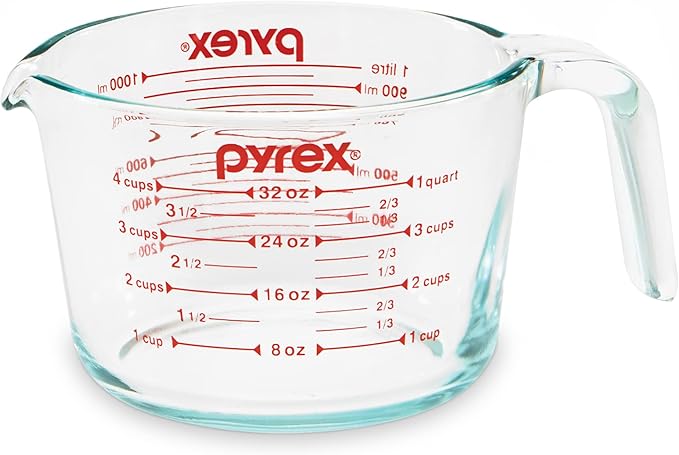 Pyrex 4-Cup Glass Measuring Cup For Baking and Cooking, Dishwasher, Freezer, Microwave, and Preheated Oven Safe, Essential Kitchen Tools by Pyrex