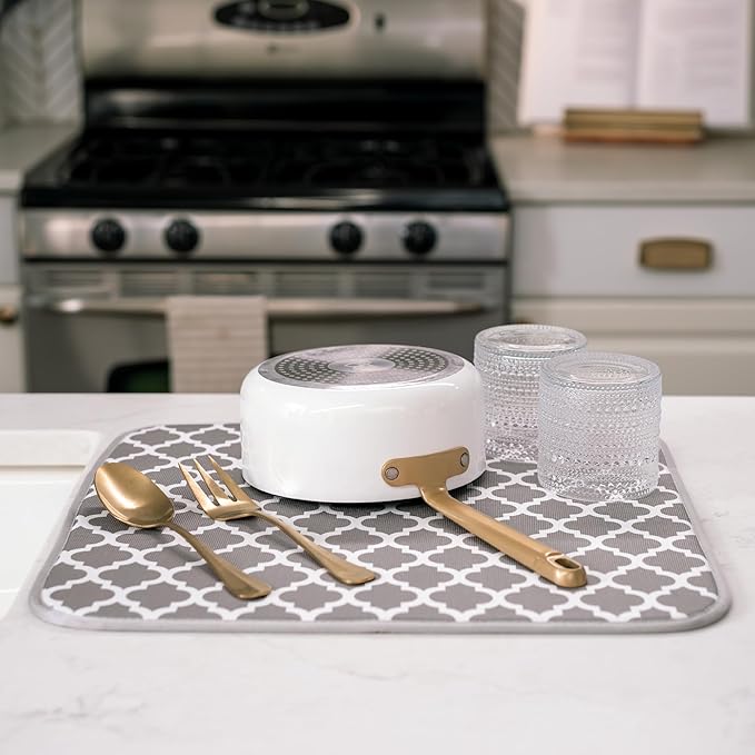 S&T INC. Dish Drying Mat, 16” x 18”, Absorbent Microfiber Kitchen Counter Mat, Dish Drying Pad for Dishes, Utensils, Pots and Pans, Large, White Trellis - Image 4