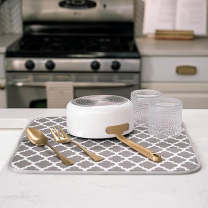 S&T INC. Dish Drying Mat, 16” x 18”, Absorbent Microfiber Kitchen Counter Mat, Dish Drying Pad for Dishes, Utensils, Pots and Pans, Large, White Trellis - Image 4