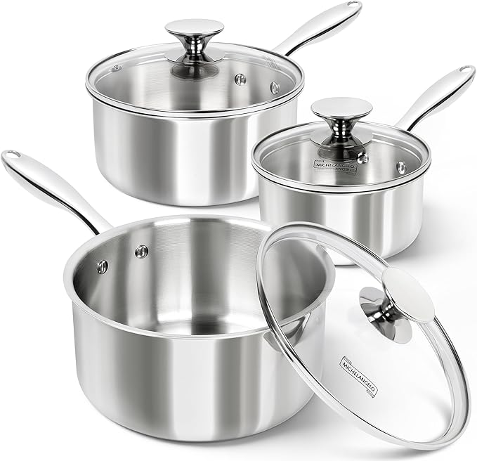 MICHELANGELO Triply Stainless Steel Saucepan Set with Lids 6pcs, Stainless Steel Pot Set, Kitchen Pot Set Induction Compatible, 1QT & 2QT & 3QT by Michelangelo