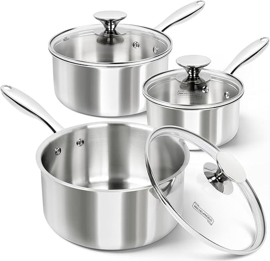 MICHELANGELO Triply Stainless Steel Saucepan Set with Lids 6pcs, Stainless Steel Pot Set, Kitchen Pot Set Induction Compatible, 1QT & 2QT & 3QT by Michelangelo