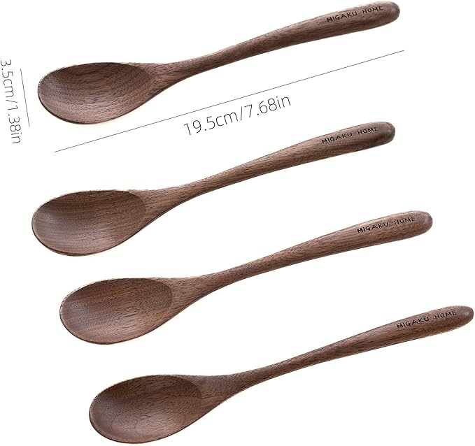 Black Walnut Wooden Spoons, 4pcs Soup Spoons for Eating, Eco-Friendly Japanese Kitchenware Set, Natural Wood Utensils for Cooking Mixing Stirring