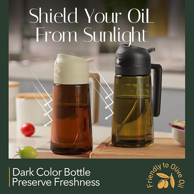 YARRAMATE 16oz/470ml Light-Blocking Dark Oil Sprayer for Cooking, 2 in 1 Olive Oil Dispenser Bottle for Kitchen, Premium Dark Green Glass Oil Bottle, Food-Grade Oil Mister for Air Fryer, BBQ (Black) - Image 2