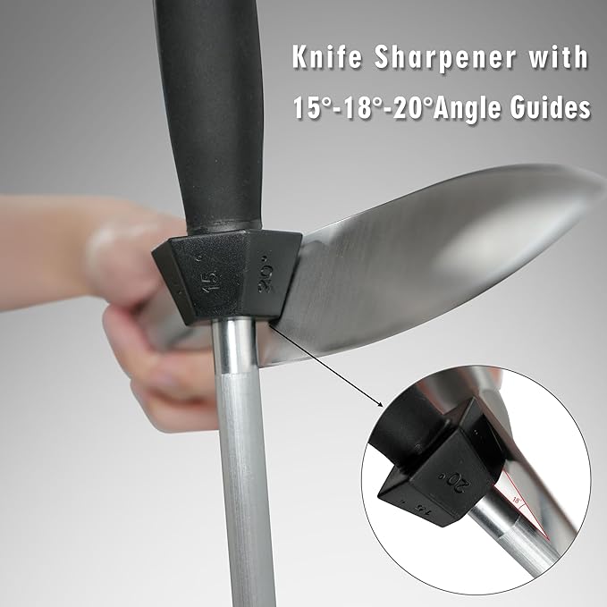 Knife Sharpener Knife Sharpening Rod Honing Steel with 15°-18°-20°Angle Guides Professional Carbon Steel with Black Rubber Grip for Kitchen Chef House Gift 12'' - Image 2