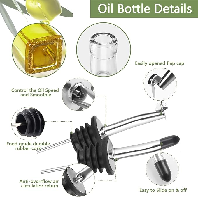 Leaflai Olive Oil Dispenser Bottle, 2 Pcs Glass Olive Oil Dispenser and Vinegar Dispenser Set with 2 Stainless Steel Pourers, 4 Labels,1 Brush and 1 Funnel Oil Bottles for Kitchen (500ml) - Image 7