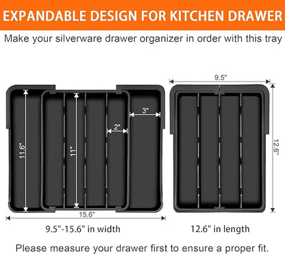 Spaclear Kitchen Silverware Organizer for Drawer - Expandable Silverware Drawer Organizer Adjustable Utensil Drawer Holder, Flatware Cutlery Tray for Spoons Forks Kitchen Organizers Storage,Black, S