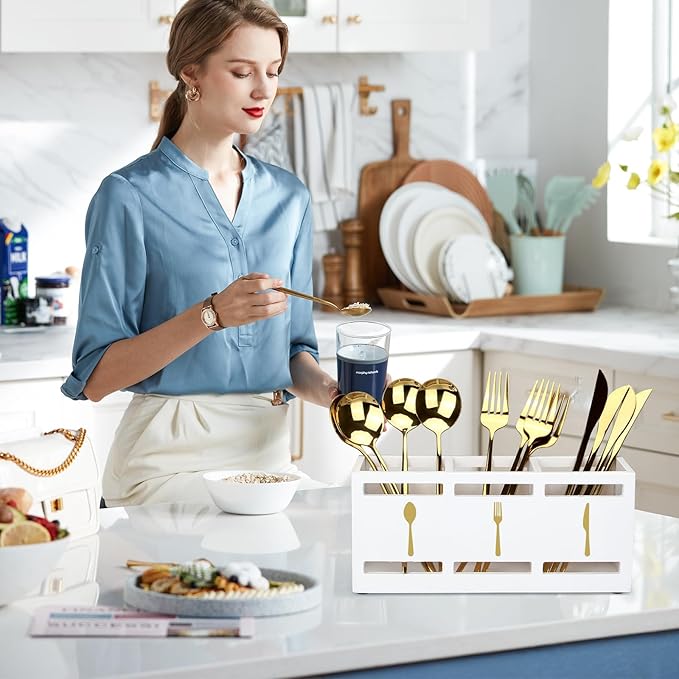 Ayiaren Wood Flatware Silverware Caddy White Cutlery Holder Kitchen Utensils Holder for Party Wooden Silverware Organizer for Countertop Knife Spoon and Fork Holder Table Utensil Caddy Organizer - Image 2