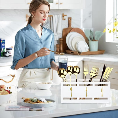 Ayiaren Wood Flatware Silverware Caddy White Cutlery Holder Kitchen Utensils Holder for Party Wooden Silverware Organizer for Countertop Knife Spoon and Fork Holder Table Utensil Caddy Organizer - Image 2