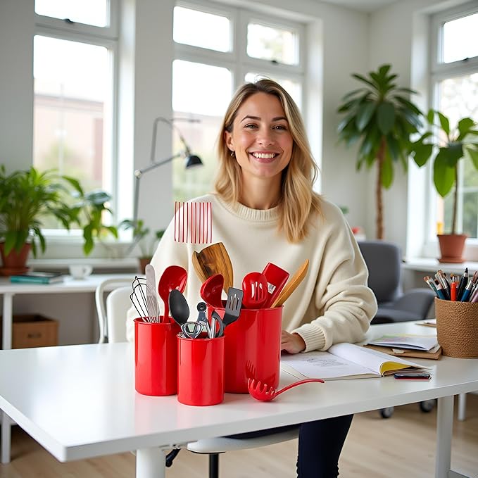 Reston Lloyd Multipurpose Utensil/Crock Holders Organize Wide Variety of Sizes of Utensils & Tools, Includes Extra Large, Large, & Miniature, Set of 3, Red