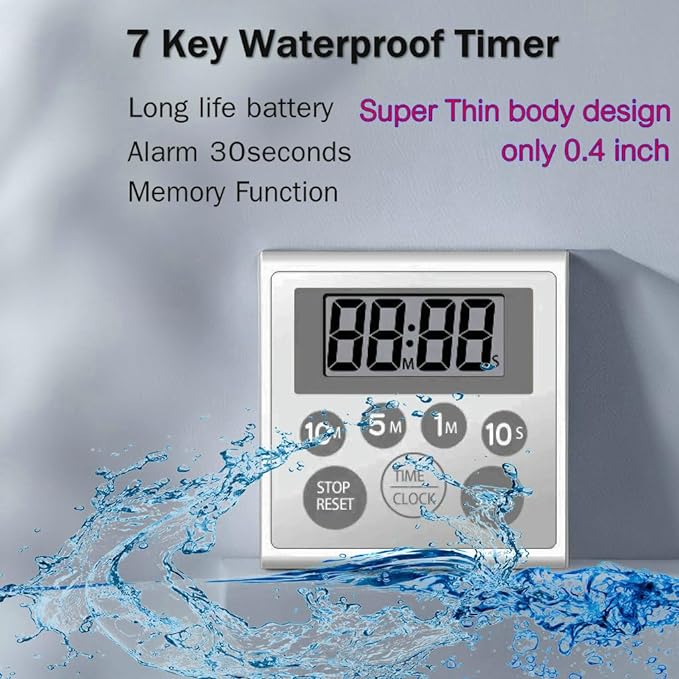 Digital Timer Waterproof Shower Timer Shower Clock Bathroom Kitchen Timer with Strong Magnet and Large LCD Display (Waterproof 7 Key) - Image 6