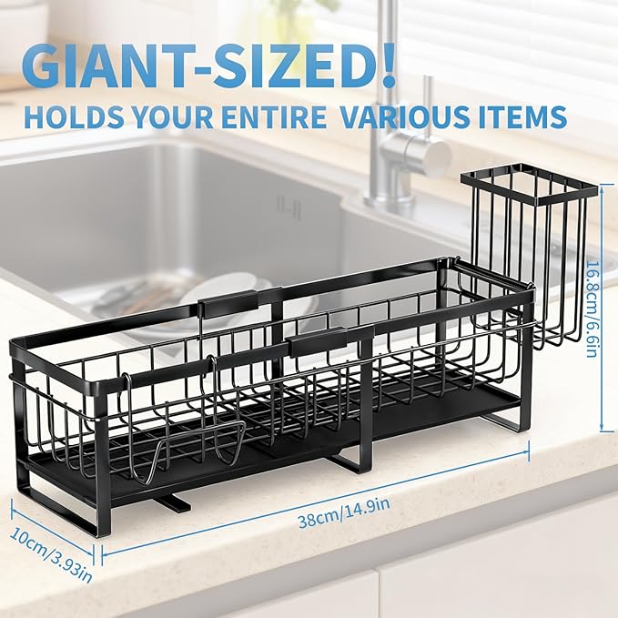 Aurblozen Extra Large Extendable Sponge Holder for Kitchen Sink, Rustproof Sink Caddy Organizer with High Brush Holder, Dish Soap Dispenser Organizers and Storage (Black) - Image 3