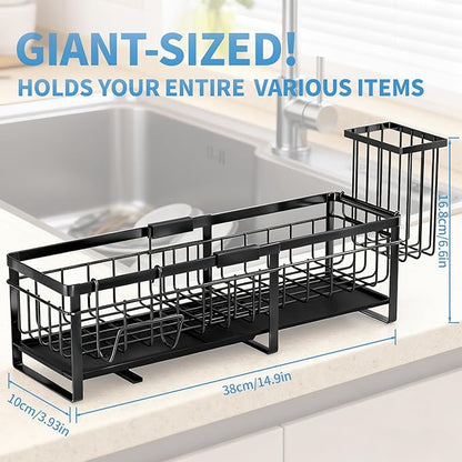 Aurblozen Extra Large Extendable Sponge Holder for Kitchen Sink, Rustproof Sink Caddy Organizer with High Brush Holder, Dish Soap Dispenser Organizers and Storage (Black) - Image 3