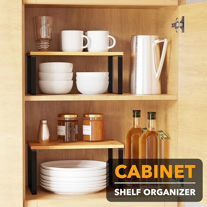 SpaceAid Cabinet Shelf Organizers 2 Pack, Kitchen Counter Rack Shelves Riser, Stackable Expandable Spice Rack, Pantry Cupboard Storage Organization (Black and Natural, Short) - Image 3