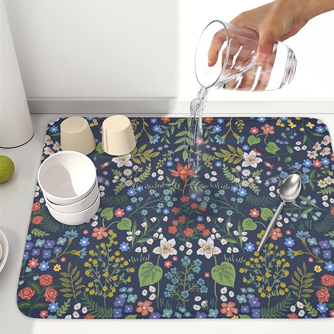 Flower Floral Dish Drying Mat 18x24 inch Microfiber Navy Blue Drying Mats with Hanging Loop Absorbent Green Leaves Dish Drainer Mat Reversible Flowers Drying Pad for Kitchen Counter Sink - Image 4