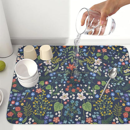 Flower Floral Dish Drying Mat 18x24 inch Microfiber Navy Blue Drying Mats with Hanging Loop Absorbent Green Leaves Dish Drainer Mat Reversible Flowers Drying Pad for Kitchen Counter Sink - Image 4