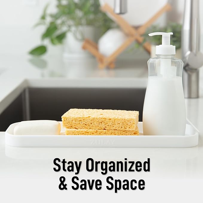 Zulay Kitchen Large Silicone Sponge Holder (12x4) – Flexible Sink Organizer Tray for Kitchen & Bathroom – Multipurpose Soap Dish for Sponges, Makeup, Trinkets & More (White) - Image 6