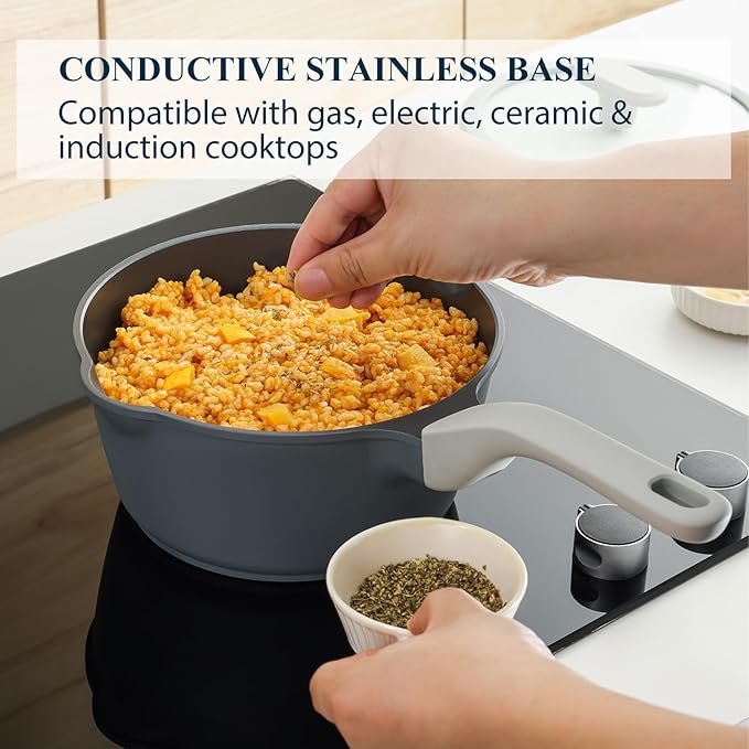 PRICUSIS Nonstick Saucepan with Lid, 2.7 Quart Ceramic Sauce Pan, Non Toxic Sauce Pot with Pour Spouts for Multipurpose Use, PTFE, PFOA & PFAS Free, Induction Compatible. - Image 5
