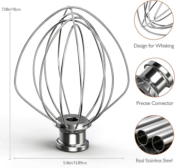 KN256WW Stainless Steel 6-Wire Mixer, for Kitchenaid Whisk Attachment, Compatible with 5plus-6Quart Bowl Lift Stand Mixer, Food Grade, Suitable for Mixing Cream and Cake, Dishwasher Washable - Image 2