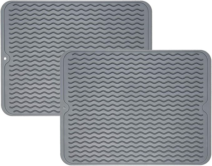 ZLR 2 Pcs Silicone Dish Drying Mat & Heat Resistant Trivet (12" x 16") - Waterproof Counter Protector for Coffee Maker - Non-Slip, BPA Free Kitchen Pad, Easy Clean Dishwasher Safe (Dark Gray) by ZLR