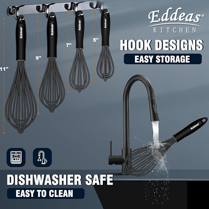 Eddeas Silicone Whisk - Non Scratch Whisks for Cooking, 500°F Heat Resistant Siliocne Wisk tool, Heavy Duty Kitchen Whisks, for Blending, Beating, set of 4 (5+7+9+11 inch) Black - Image 6