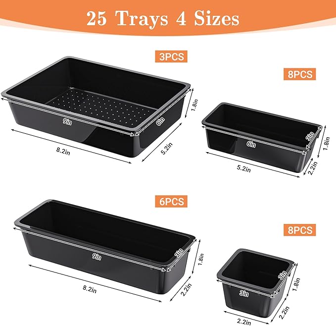 SpaceHacks 25 PCS Plastic Drawer Organizer Set, 4-Size Versatile Organizer Trays & Storage Bins for Makeup, Jewelry, and Gadgets in Bathroom, Bedroom and Office, Black - Image 2