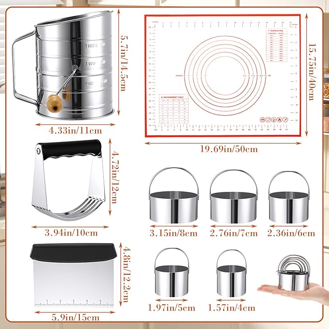 10 Pcs Stainless Steel Pastry Biscuit Cutter Set Include 3 Cup Flour Sifter Biscuit Cutter Pastry Scraper Dough Scraper Silicone Baking Mat Fine Mesh Strainer for Cooking Cookies Donuts Cake - Image 2