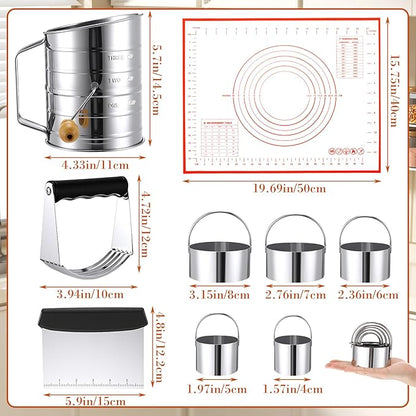 10 Pcs Stainless Steel Pastry Biscuit Cutter Set Include 3 Cup Flour Sifter Biscuit Cutter Pastry Scraper Dough Scraper Silicone Baking Mat Fine Mesh Strainer for Cooking Cookies Donuts Cake - Image 2