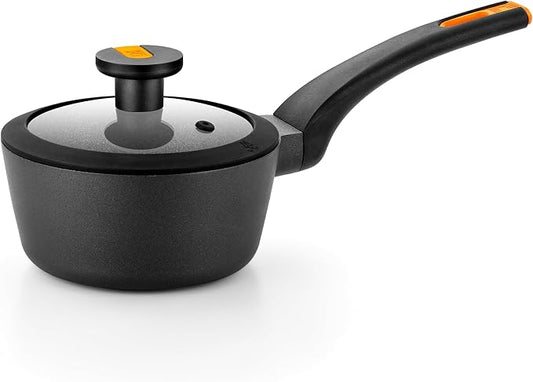 BRA COOKWARE Efficient Pro Nonstick Saucepan w/Lid | 6.3 Inch 1.13 Quart Shallow Pot | 3-Layer Scratch Resistant Coating | PFOA Free Low Pot | All Cooktops Soup Pan | Ergonomic Heat-Resitant Handles