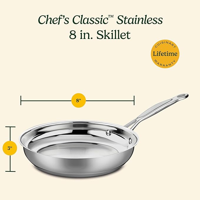Cuisinart 8-Inch Open Skillet, Stainless Steel Skillet, Large Kitchen Pan, Dishwasher Safe, Compatible with Induction, Electric, Gas Cooktops, Oven Safe Saucepan, Cool Grip Handles - Image 5