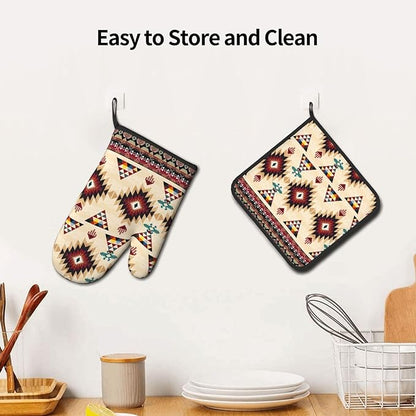 Southwestern Aztec Oven Mitts and Pot Holders Set of 3, Heat Resistant Non-Slip Navajo Pattern Oven Gloves with Hot Pad, Native American Boho Kitchen Decor Gloves for Chef Cooking Baking Grilling BBQ - Image 5