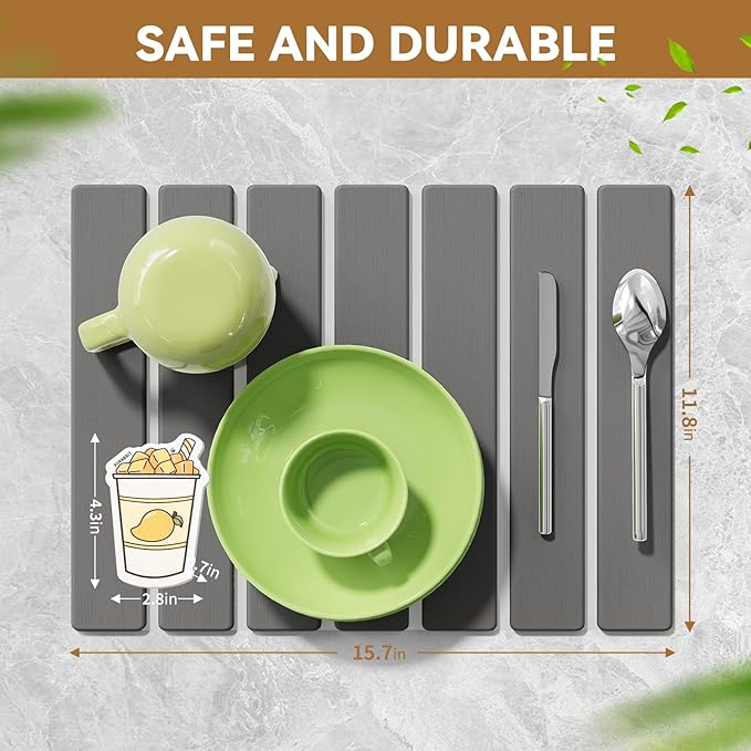Stone Dish Drying Mat for Kitchen Counter,15.5''x11.8'' Foldable Quick Dry Stone Kitchen Mat,Eco-Friendly,Absorbent Diatomaceous Earth Mats for Dishes Bottles Cups Bathroom Any Countertop-Dark Gray - Image 6