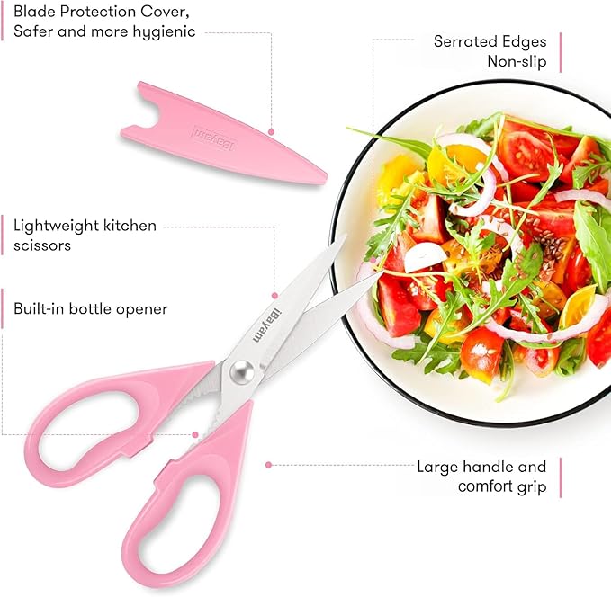iBayam All Purpose 8.5" Cooking Scissors with Sheath, Pink Kitchen Gadgets for Women, Mom, Wife, Her - Image 2