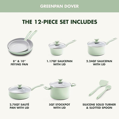GreenPan Dover Healthy Ceramic Nonstick, 12 Piece Cookware Pots and Pans Set, PFAS-Free, Dishwasher Safe, Comfort Grip Handle, Pastel Green