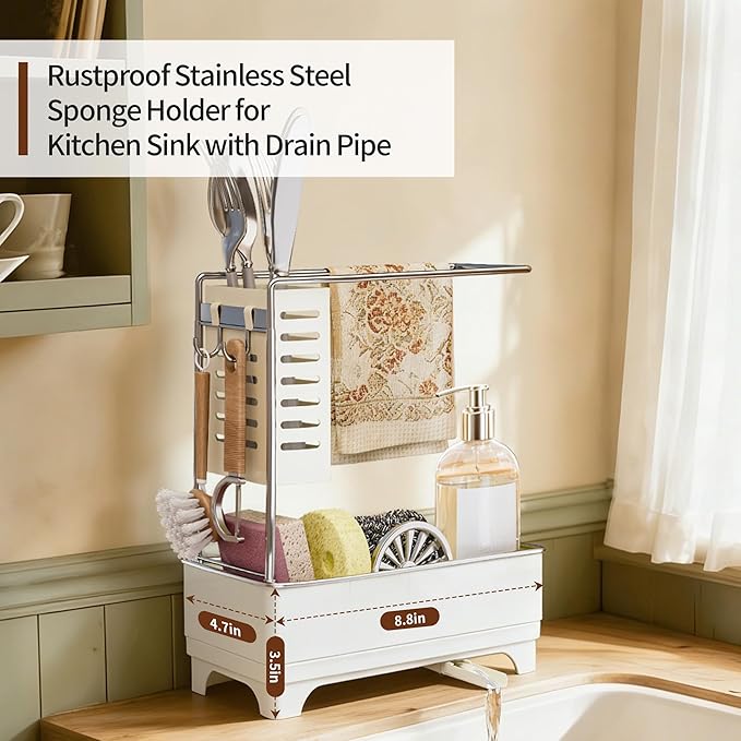 MOUKABAL Sponge Holder for Kitchen Sink, 2-Tier Sink Caddy Organizer with Drain Holes and Hooks, Holds Dishcloth, Sponge & Brushes, Kitchen Countertop Storage for New Home Essentials Off-white - Image 4