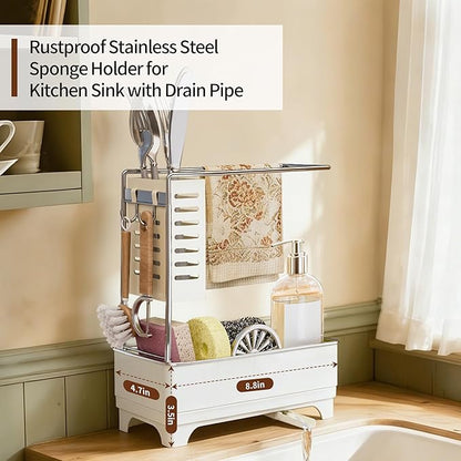 MOUKABAL Sponge Holder for Kitchen Sink, 2-Tier Sink Caddy Organizer with Drain Holes and Hooks, Holds Dishcloth, Sponge & Brushes, Kitchen Countertop Storage for New Home Essentials Off-white - Image 4