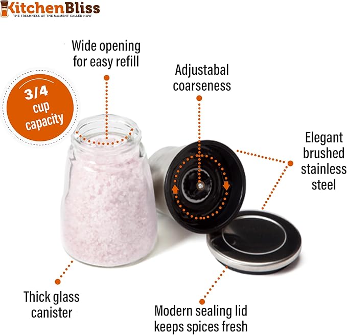 Professional Salt and Pepper Grinder – Premium Stainless Steel Salt and Pepper Shaker with Ceramic Spice Grinder Mill for Adjustable Coarseness