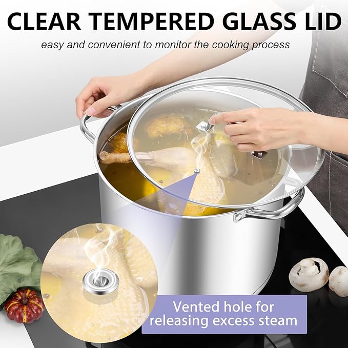 TeamFar Stainless Steel Stock Pot, 14QT Tri-ply Bottom Stockpot Large Cooking Soup Pot with Lid, for Induction Gas Electric Glass Tops, Non Toxic & Sturdy, Straight Sidewall & Various Stovetops Safe - Image 4