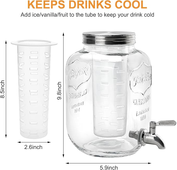 1 Gallon Glass Beverage Dispenser with Lid, Stainless Steel Spigot, Glass Drink Dispensers for Parties, Lemonade Dispenser With Ice Cylinder for Weddings, Party,Sun Tea Jar, Water Juice Dispensers - Image 2