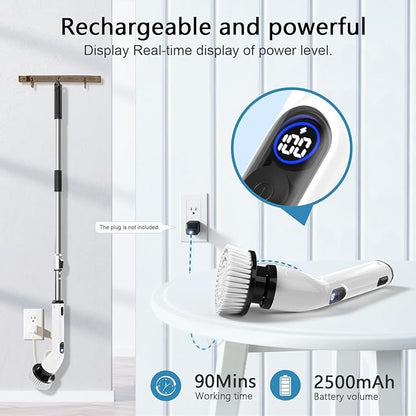 TUYU Electric Spin Scrubber, Full-Body IPX7 Waterproof Bathroom Scrubber with Power LCD Display, 8 Replacement Head, Adjustable Extension Handle, Cordless Shower Cleaner Brush for Bathtub Cleaning - Image 5