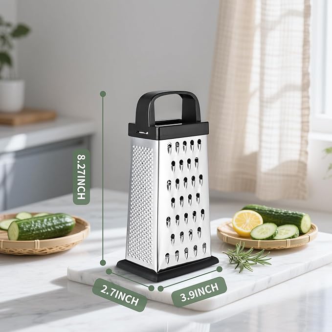 Cheese Grater, 8 IN Size 4-Sided Stainless Steel Grater, Food Shredder for Cheese, Parmesan, Vegetable, Dishwasher Safe, Black - Image 2