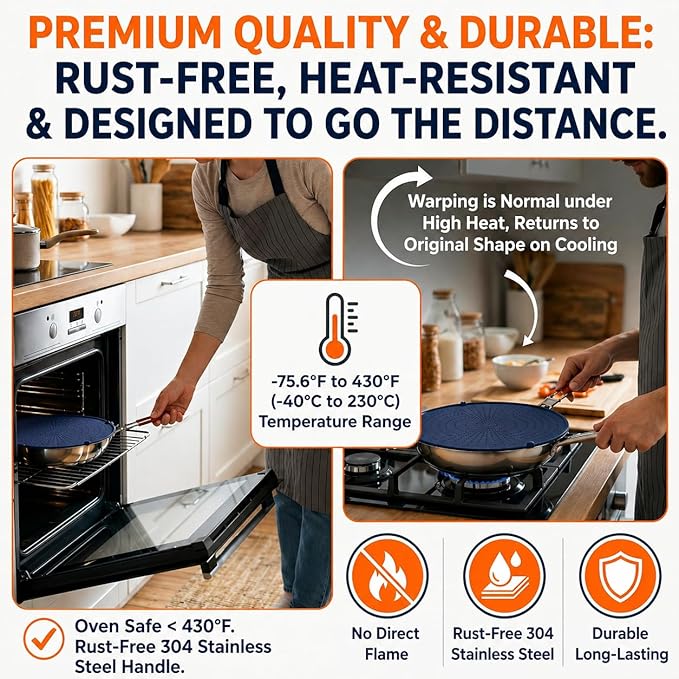 Silicone Splatter Screen for Frying Pan, 13” Navy – Grease & Oil Splatter Guard, Heat Resistant, Dishwasher Safe, Foldable Handle with Sleeves – Splash Guard Fits 10–12” Pans, Most 13” Skillets - Image 8