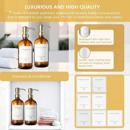 Glass Soap Dispenser for Kitchen, Farmhouse Dish & Hand Soap Dispenser Set, Rustproof Pump Bathroom Soap Lotion Dispenser with Tray, Waterproof Label for Kitchen Decor(Amber
