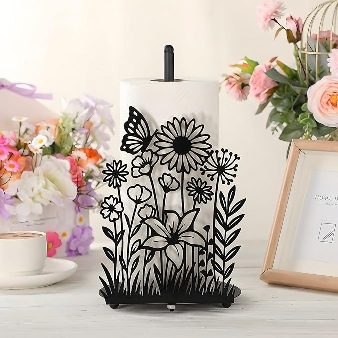 Wildflower Kitchen Countertop Paper Towel Holder Decorative Paper Towel Holder Black Metal Tissue Stand Kitchen Decor Accessories for Home Party Bathroom Countertop Dining Table