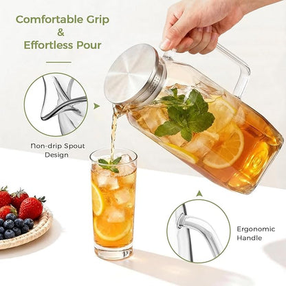 2 Pack 2 Liters 68 oz Square Glass Pitcher with Lid, Water Pitchers with Handle for Fridge, Borosilicate Glass Carafe for Hot/Cold Drink, Large Iced Tea Pitcher for Jug, Coffee, Juice, Milk, Beverage