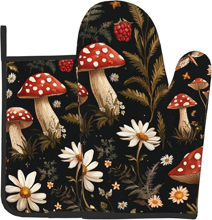 Mushroom Oven Mitt Pot Holder Set Vintage Floral BBQ Cooking Gloves with Loop Baking Grilling Kitchen Gifts for Spring Summer by DZGlobal
