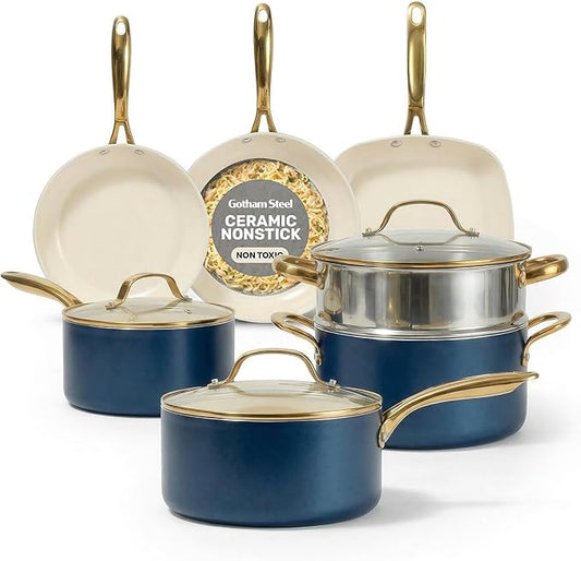Gotham Steel 12 Pc Ceramic Cookware Set Nonstick, Ceramic Pots and Pans Set Non Stick with Steamer for Cooking, Non Toxic PFOA PFOS Free, Premium Stay Cool Handles, Oven & Dishwasher Safe by GothamSteel